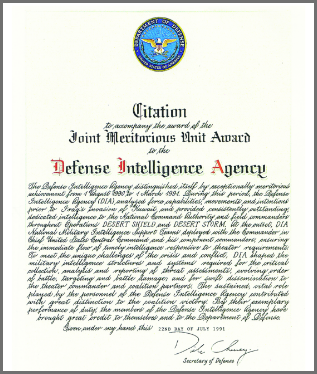 Image of JMUA citation signed by Secretary of Defense Dick Cheney.